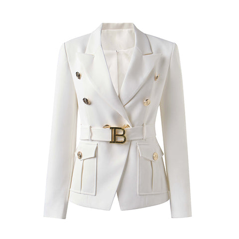 Women's White Two-color Pocket Slim Fit Small Blazers