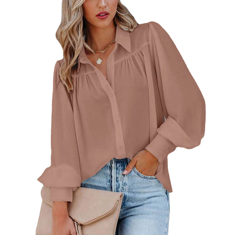 Women's Lantern Sleeve Pleated Solid Color Collar Loose Shirt Tops