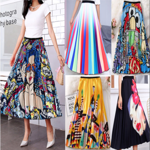 Women's Elastic Waist Pleated Printed Mid-length Big Hem Skirts