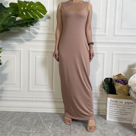 Women's Muslim Solid Color Casual Sleeveless Bottoming Dresses