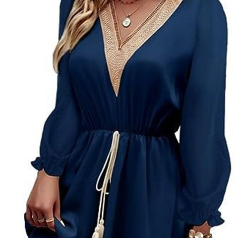 Solid Color Long Sleeve Lace Waist Dresses
