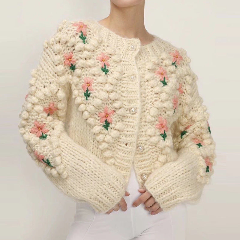 Handmade Crocheted Embroidery Twist Pearl Buckle Sweaters