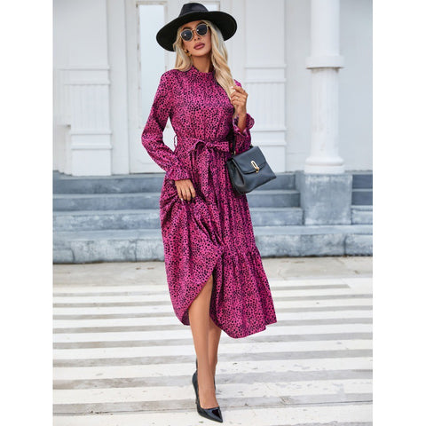 Spring Printed Stand Collar Ruffle Long Dresses