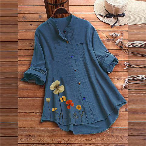Women's Printed Shirt Stand Collar Color Button Cotton Blouses