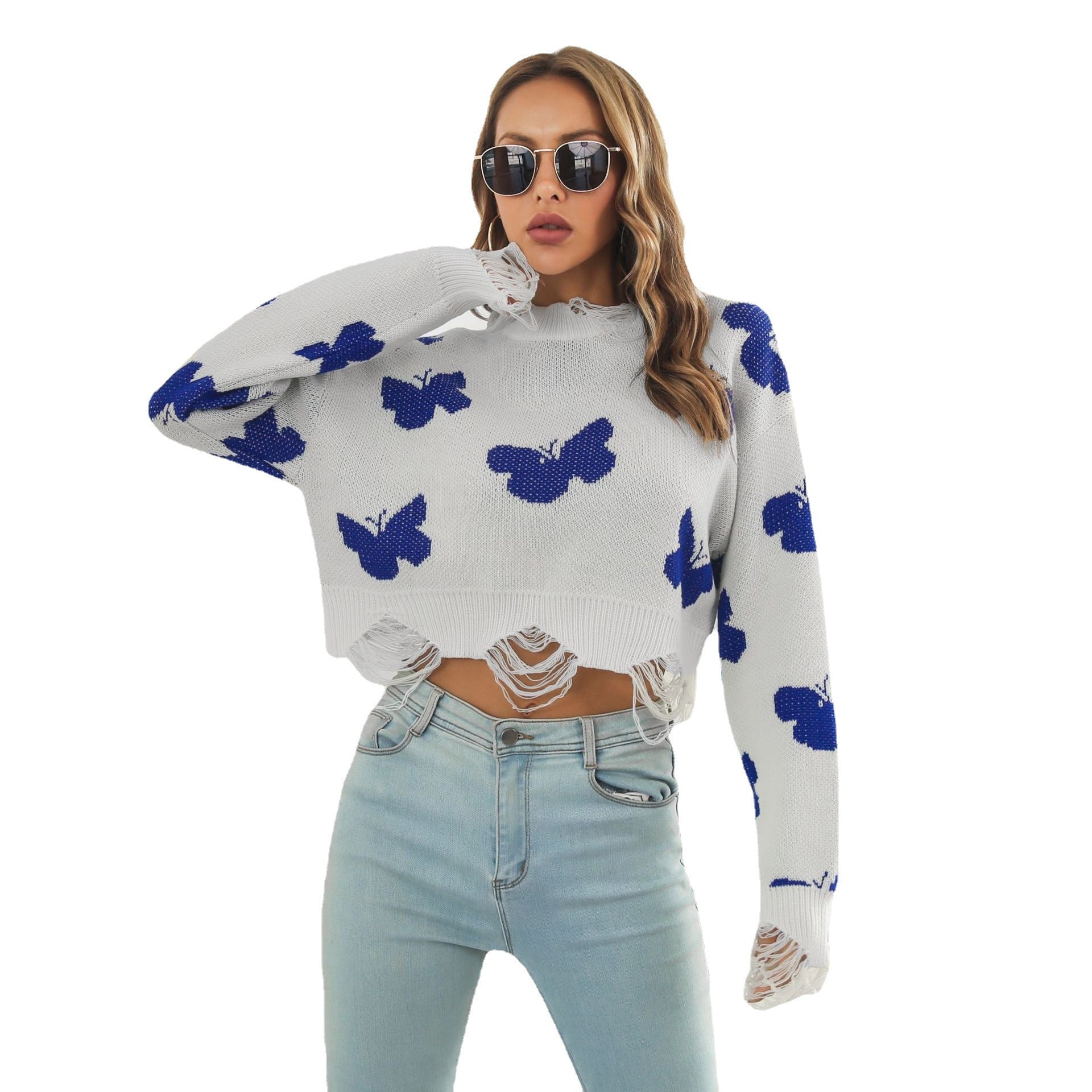 Women's Versatile Ripped Butterfly Jacquard Long-sleeved Sweaters