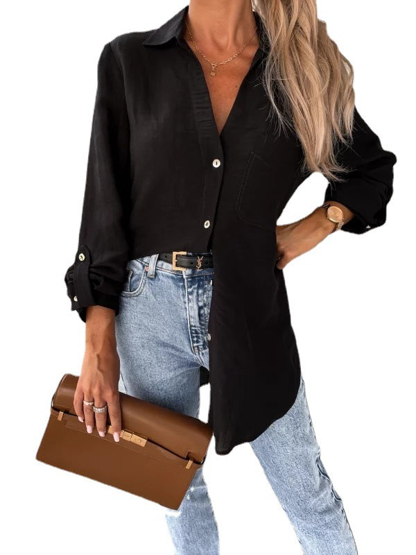 Women's Simple Solid Color Rolled Sleeves V-neck Blouses