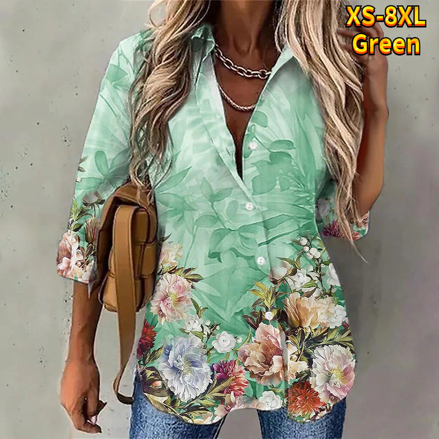 Women's Floral Printed Long Sleeve Button Shirt Blouses