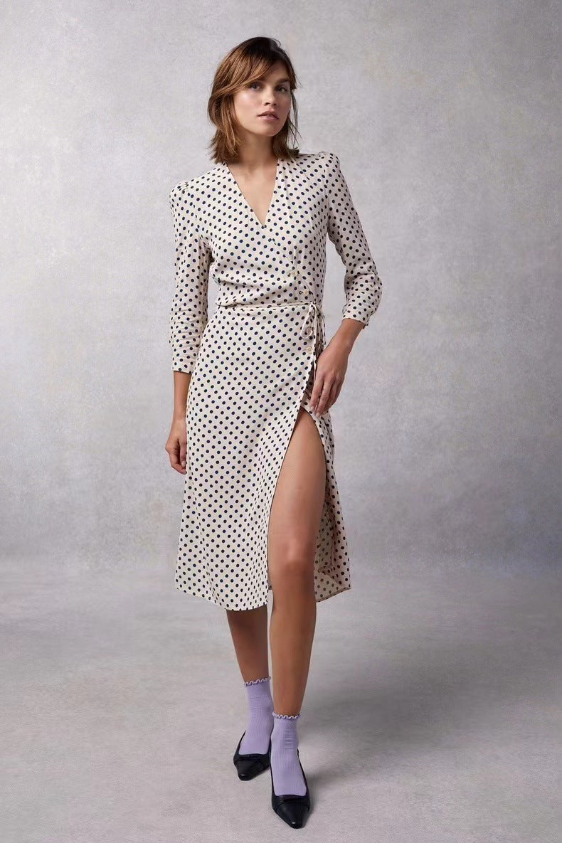 Women's Classic Rayon Polka Dot Print Wrap Strap Tea Dresses