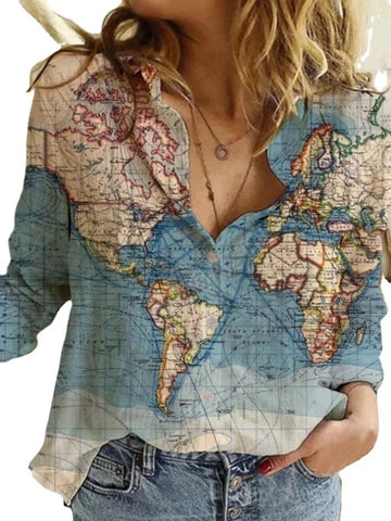 Women's Innovative Map Printed Long-sleeved Shirt Blouses