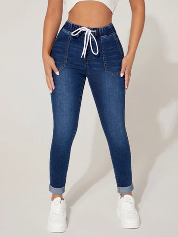Damen-Jeans mit verkürztem Kordelzug und elastischem Bund und hoher Röhrenjeans