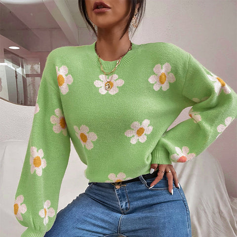 Women's Cool Flower Jacquard Round Neck Sweaters