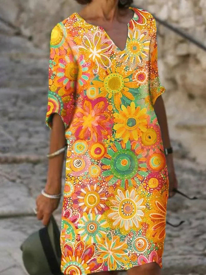 Women's Summer Fashion Printed V-neck Half Sleeve Multi-color Midi Skirts