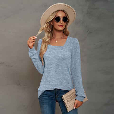 Women's Popular Solid Color Square Collar Pleated Long Sleeve Casual Blouses