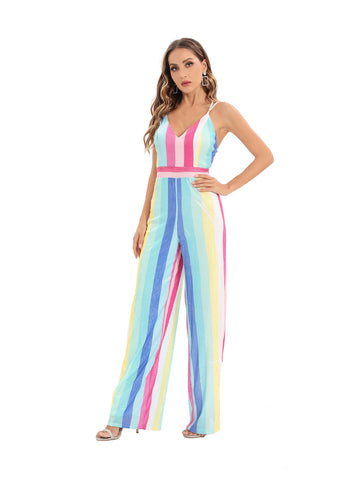 Women's Striped Sequined Deep V One-piece Casual Pants