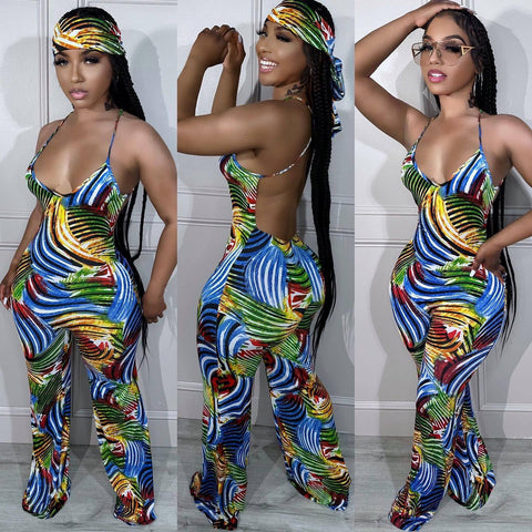 Women's Print Backless Long Conjoined Trousers With Jumpsuits
