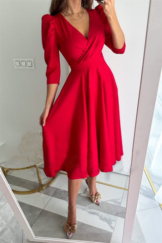 Women's Solid Color Pleated Waist Tight Sleeve Dresses