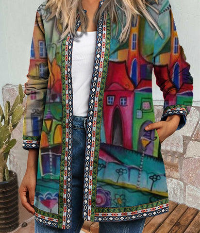 Damen-Jacken im Retro-Ethno-Stil mit Blumendruck und langen Ärmeln