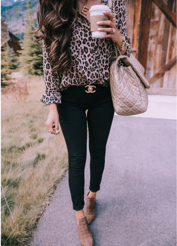 Women's Fashion Printed Leopard Button Long Sleeve Blouses