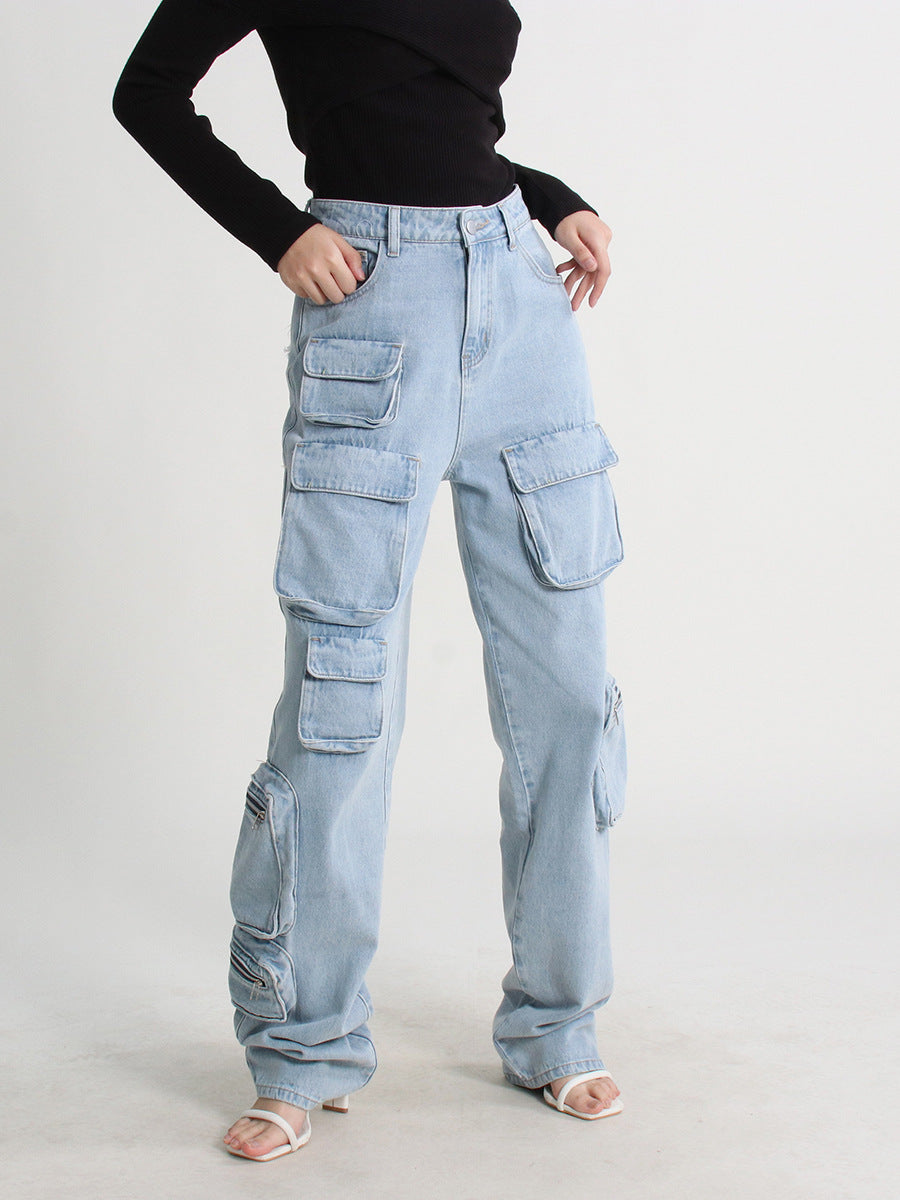 Personality Street Washed Tooling Stitching Loose-fitting Jeans