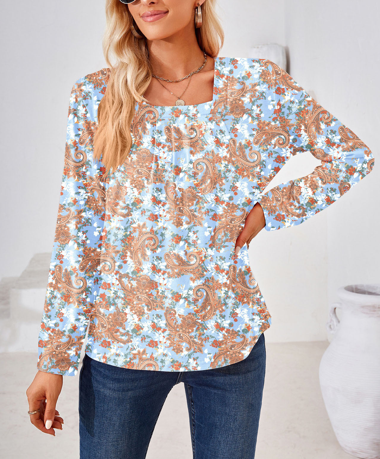 Women's Square Collar Fold Floral Long Sleeve Blouses