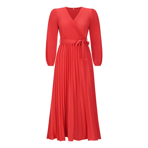 Women's Mid-length V-neck Long-sleeved Pleated Dress Dresses