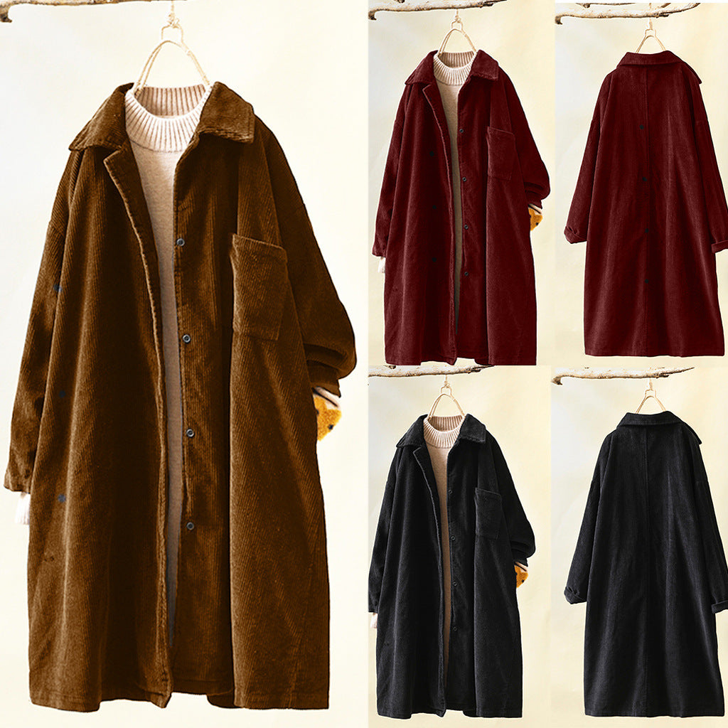 Women's Corduroy Lapel Long Sleeve Retro Mid-length Coats