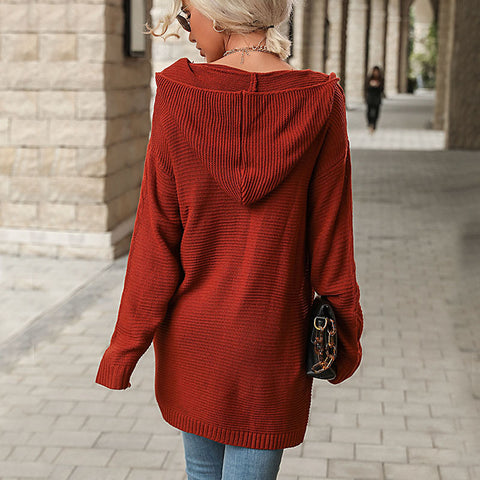 Women's Fashion Wear Long-sleeved Red Hooded Knitwear