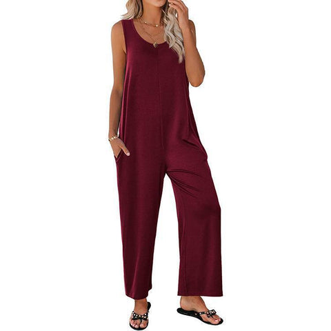 Women's Summer Sling Loose Straight Solid Color Wide Jumpsuits