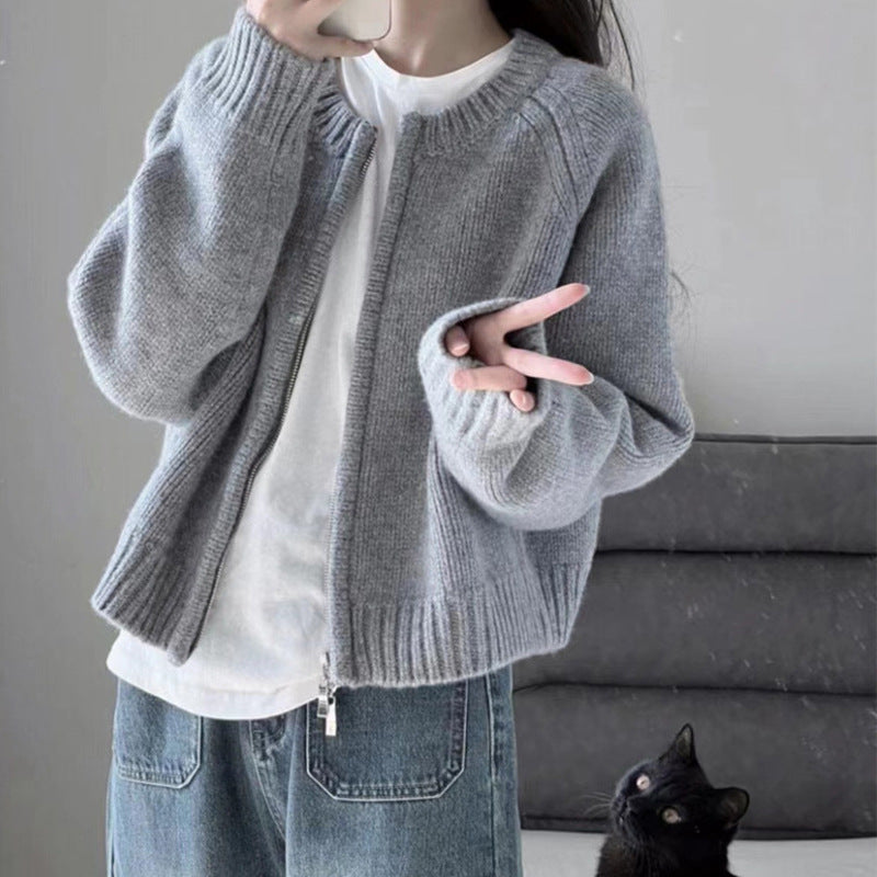 Women's Style Knitted Gray Double Zipper Round Knitwear