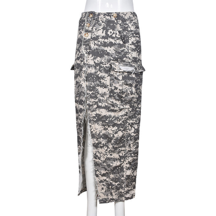 Women's Fashion Personalized Camouflage Wash Pocket Slit Skirts