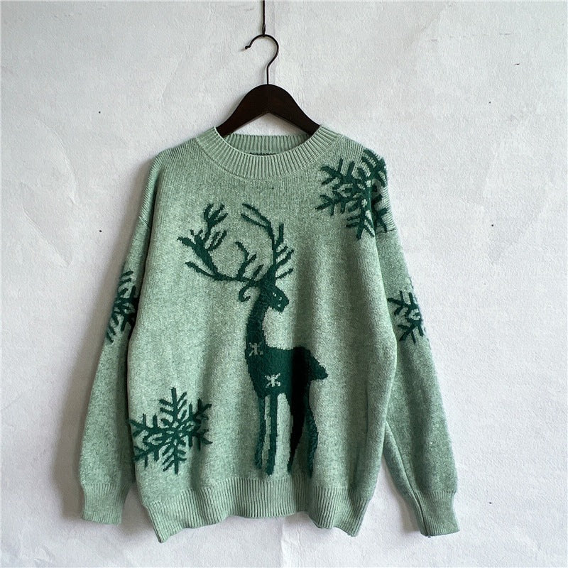Round Neck Long Sleeve Christmas Snowflake Deer Knitwear