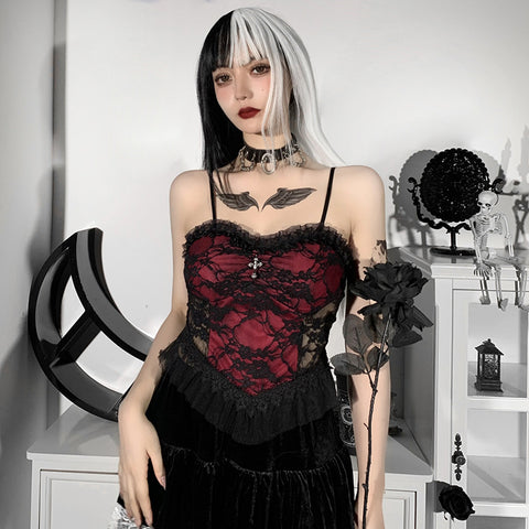 Halloween-Spitzen-Mesh-Camisole-Oberteile im dunklen Stil für Damen