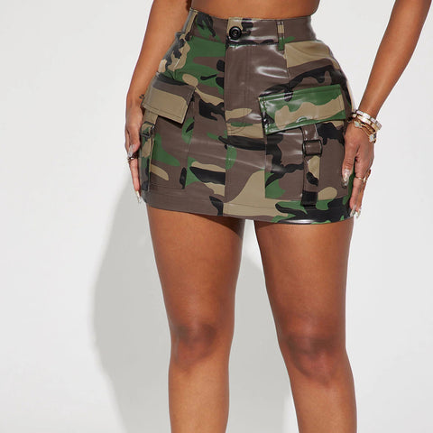 Women's Camouflage Stretch Glossy Fashion Pocket Sexy Skirts