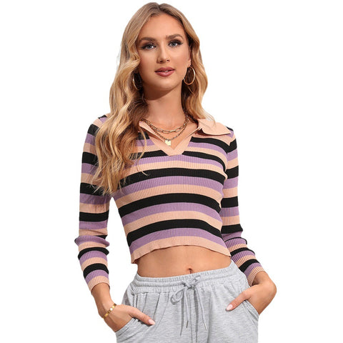 Contrast Color Striped Temperamental Long-sleeved Knitted Knitwear