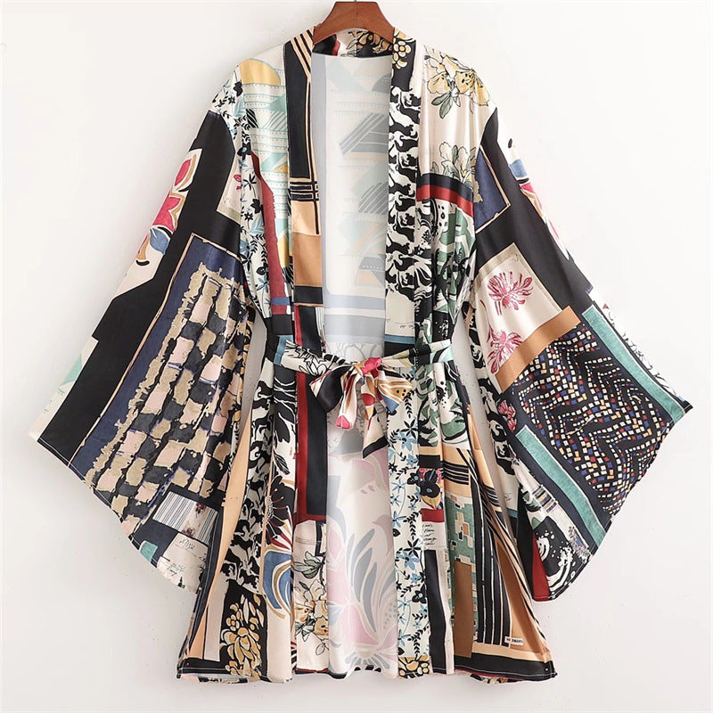 Women's Summer Niche Printed Patchwork Kimono Outerwear Suits
