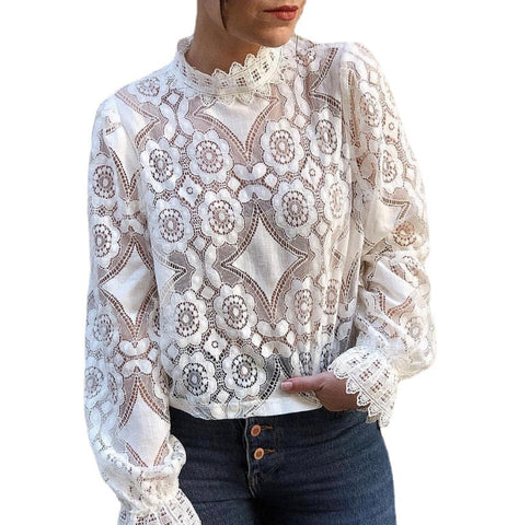 Women's Sexy Long Sleeve Stand Collar Lace Tops