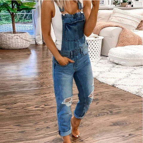 Women's Hair Suspender Trousers Ripped Washed Slim Jumpsuits