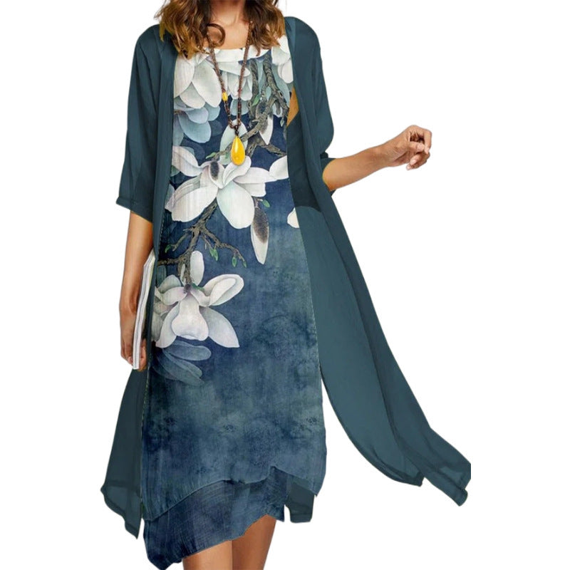 Women's Two-piece Printed Round Neck Slim Fit Long Dresses