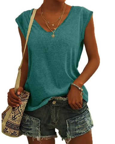 Women's Simple Solid Color V-neck Sleeve Loose Blouses
