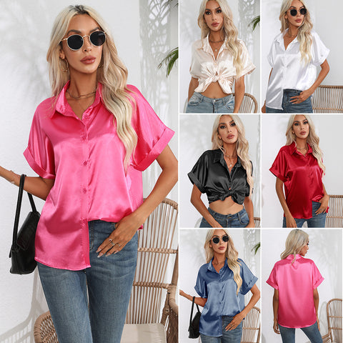 Women's New Satin Short-sleeved Shirt Clothes Blouses