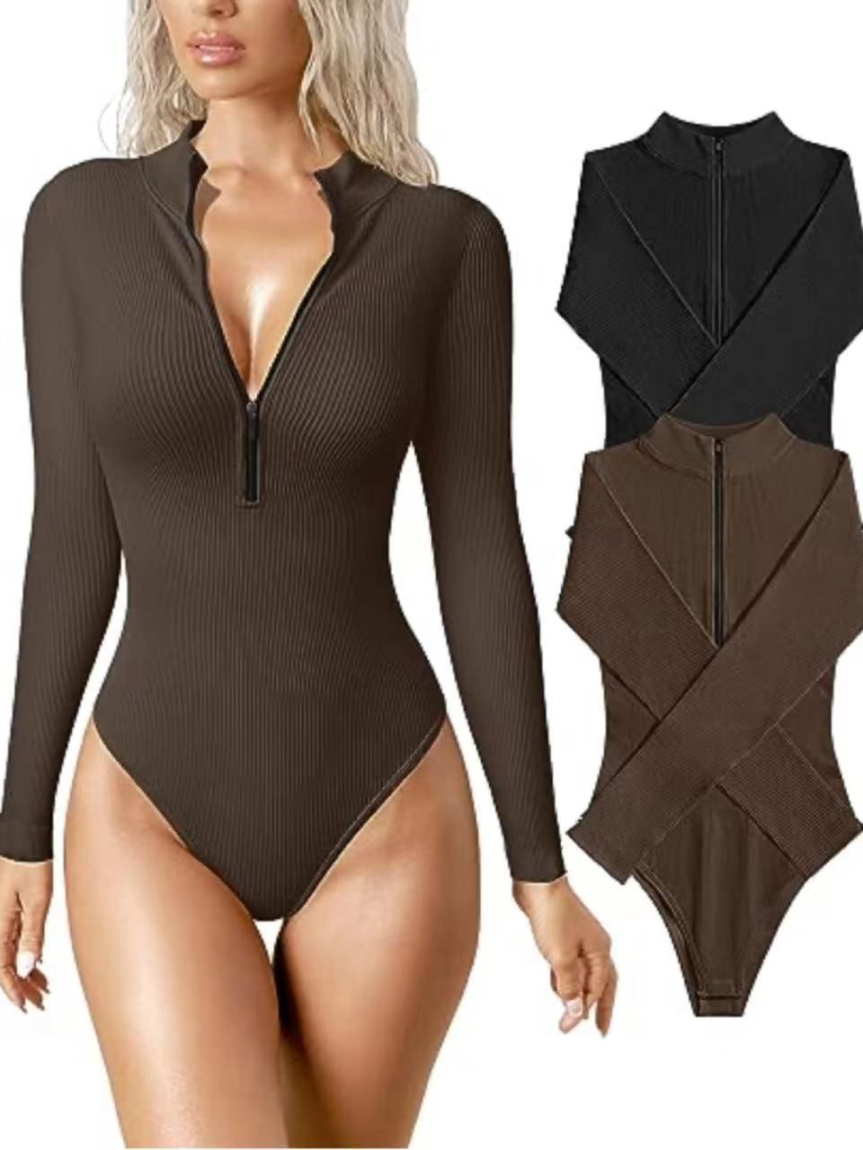 Long Sleeve Sexy Ribbed One-piece Front Jumpsuits