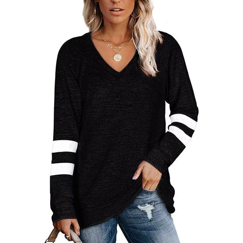 Women's Sleeve Color Patchwork V-neck Loose-fitting Casual Blouses