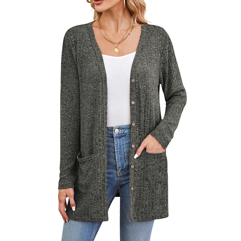 Women's Solid Color Loose Long Sleeves Pocket Knitwear