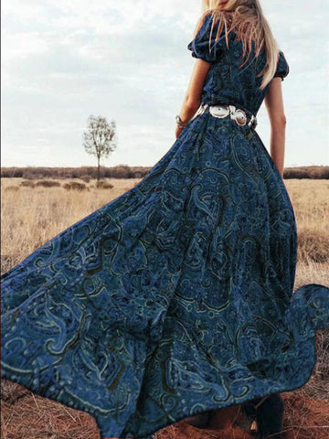 Women's Bohemian Dress Tight Waist Floral Print Dresses