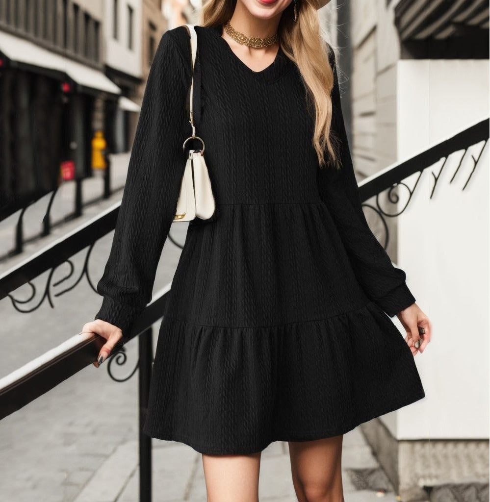 Women's Fashion Solid Color Stitching Long Sleeve Dresses