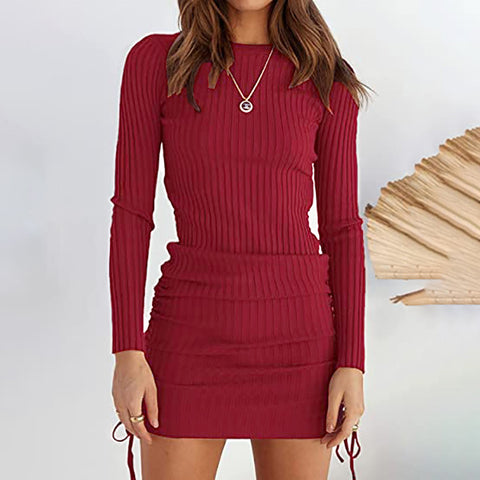 Women's Spring Temperament Commute Knitted Slim-fit Pleating Long-sleeved Dresses