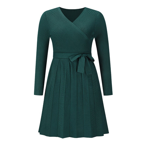 Woolen Sexy V-neck Pleated Knitted Dress Dresses