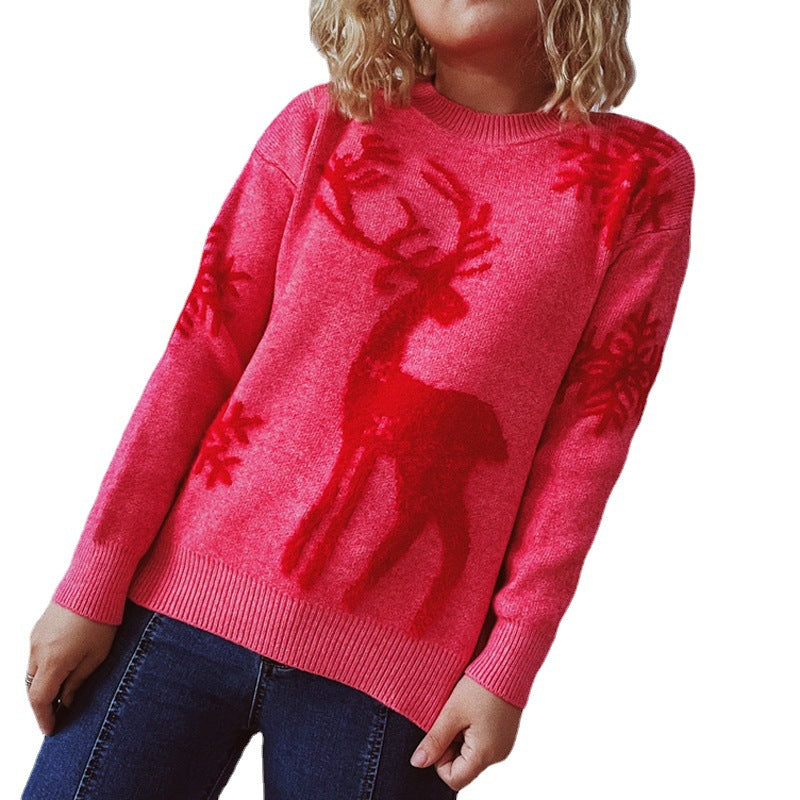 Round Neck Long Sleeve Christmas Snowflake Deer Knitwear
