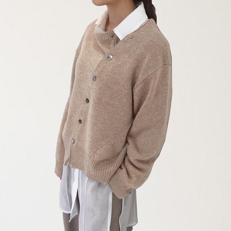Women's Spring Korean Style Oblique Buckle Irregular Design Lazy Round Knitwear