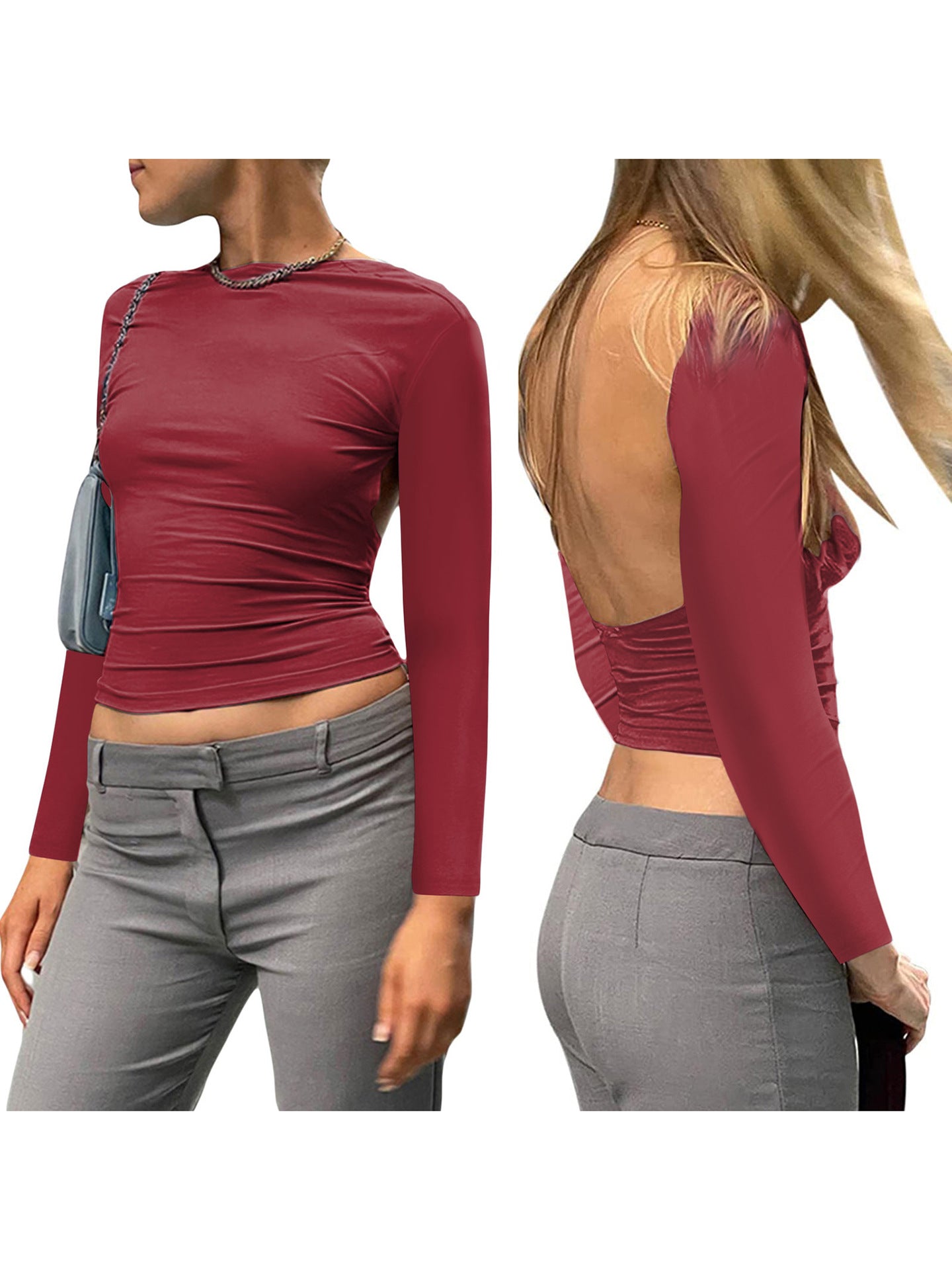 Women's Backless Long Sleeves Pullover Sexy T-shirt Blouses